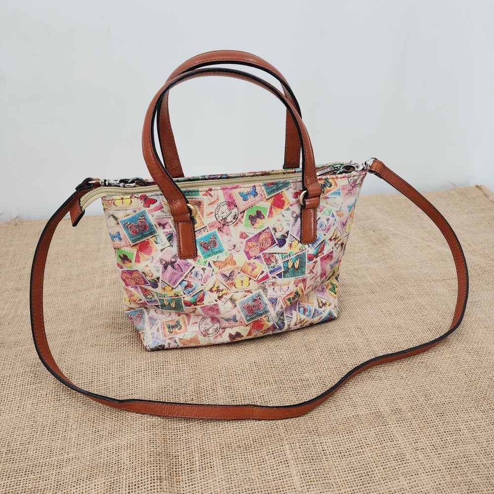 FOSSIL Butterflies Stamped Print Soft Leather Convertible Satchel Tote Bag